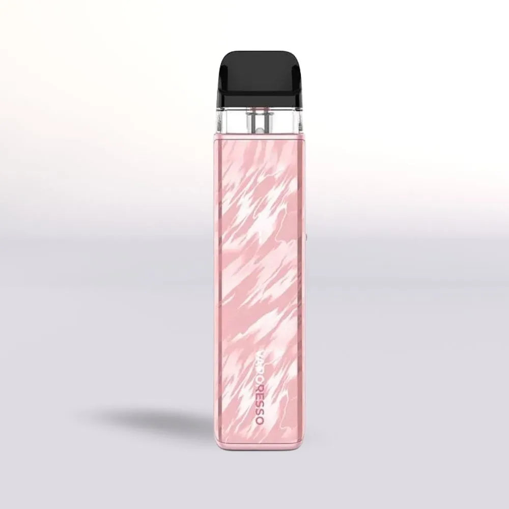Flowering Pink Vaporesso Xros 5 Mini vape device with black top on a light gray background