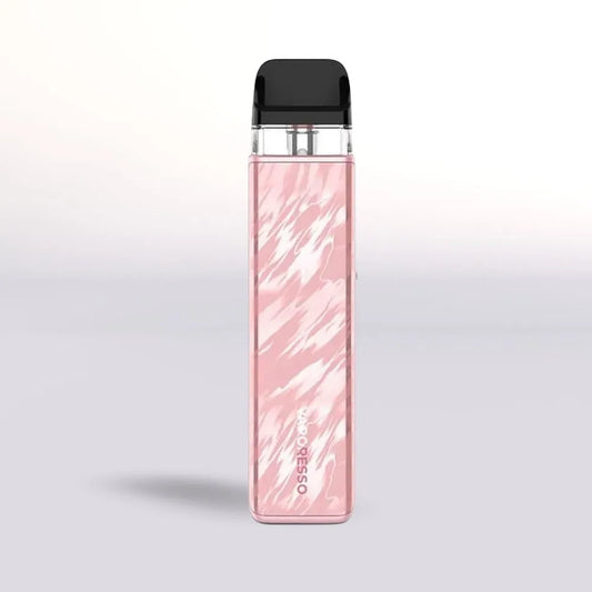 
Flowering Pink Vaporesso Xros 5 Mini vape device with black top on a light gray background