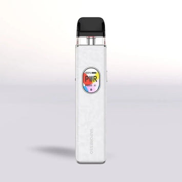 White Vaporesso Xros 5 vape device with a colorful 'PWR' logo on a light gray background