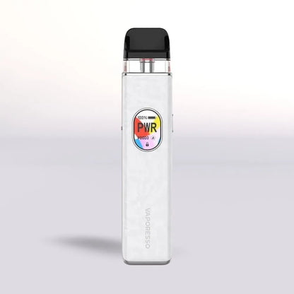
White Vaporesso Xros 5 vape device with a colorful 'PWR' logo on a light gray background