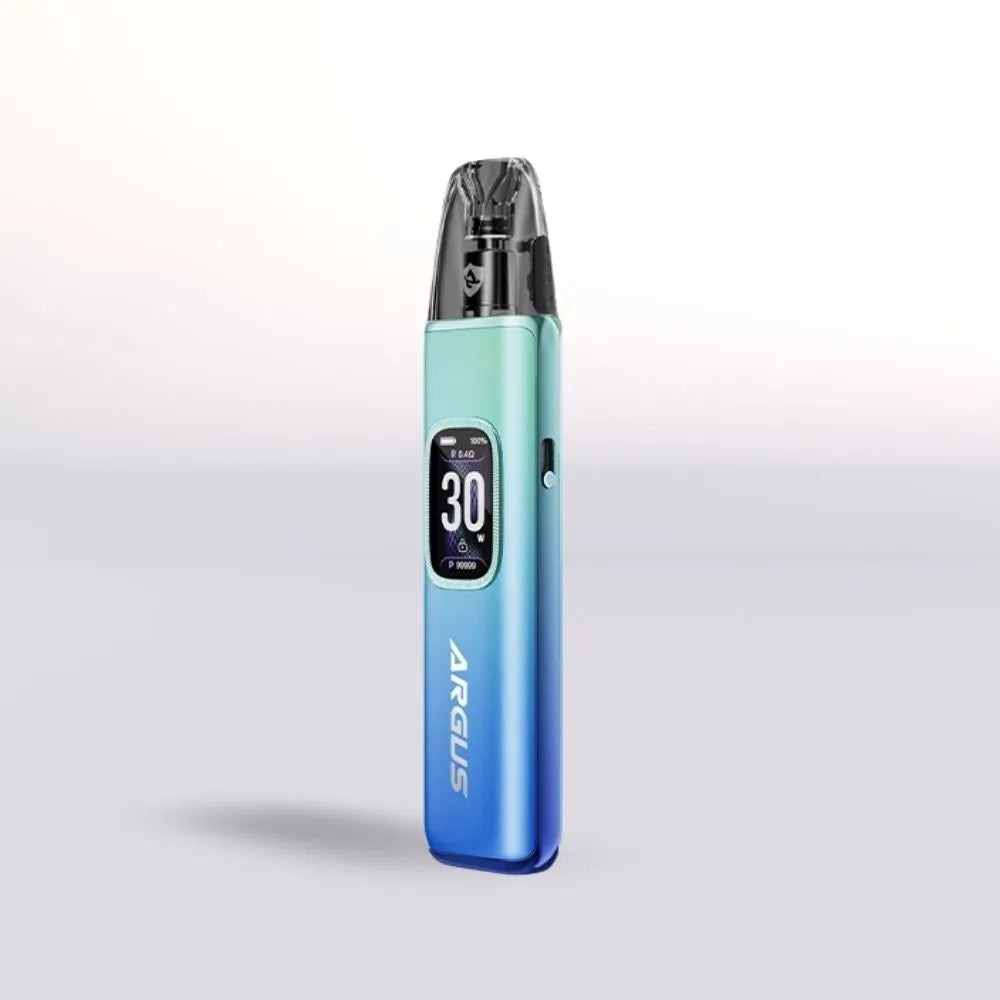 Blue VooPoo Argus G3 Vape vape device with digital display on a light gray background