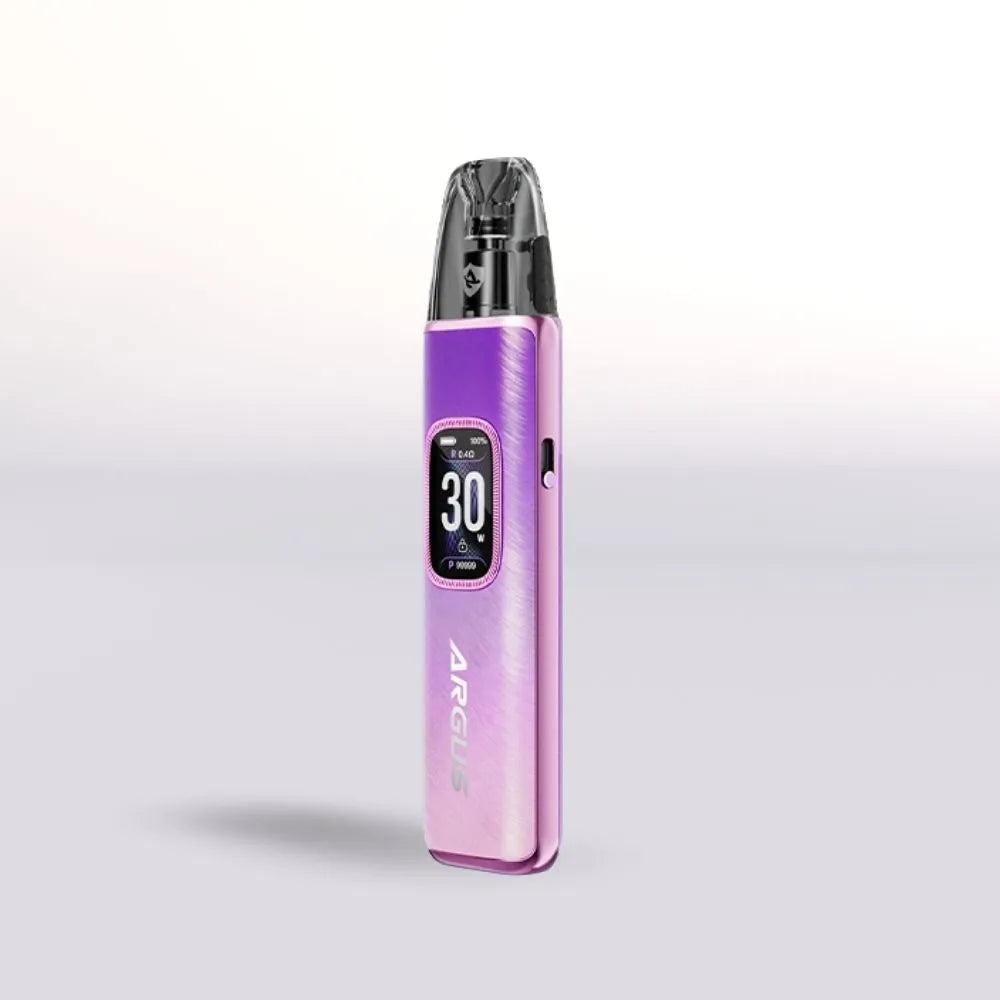Purple VooPoo Argus G3 Vape device with digital display on a light gray background