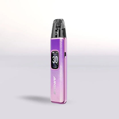 
Purple VooPoo Argus G3 Vape device with digital display on a light gray background
