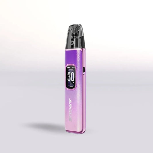 
Purple VooPoo Argus G3 Vape device with digital display on a light gray background