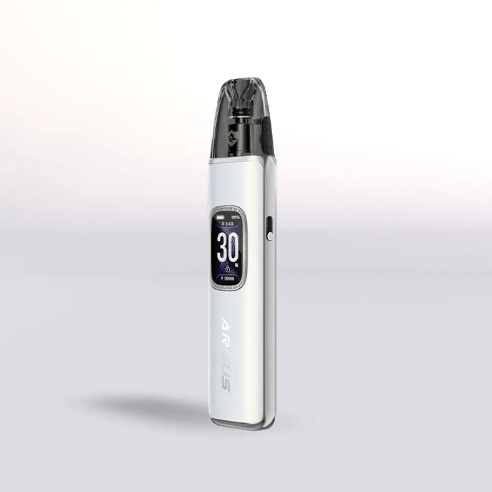 Silver VooPoo Argus G3 Vape device with digital display on a light gray background