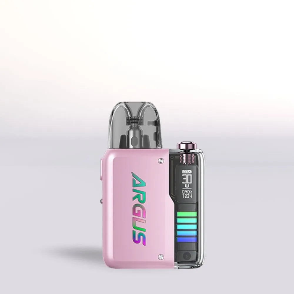 VooPoo Argus P2 Crystal Pink vape device with 'ARGUS' branding on a light gray background