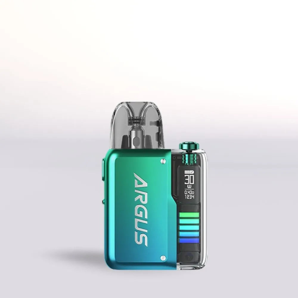 VooPoo Argus P2 Neon Blue vape device on a light gray background
