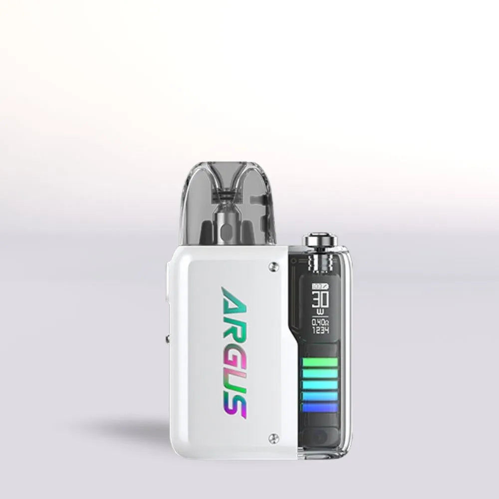 VooPoo Argus P2 Pearl White Vape device with 'ARGUS' branding on a light gray background