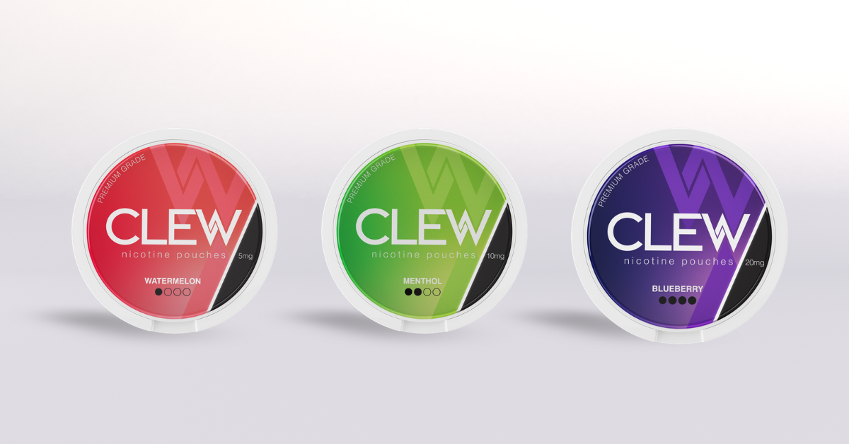 Three containers of CLEW nicotine pouches in red, green, and purple on a white background