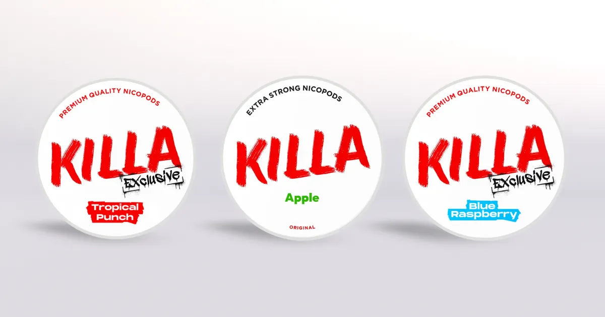 Killa Nicotine Pouches in Tropical Punch, Apple and Blue Raspberry