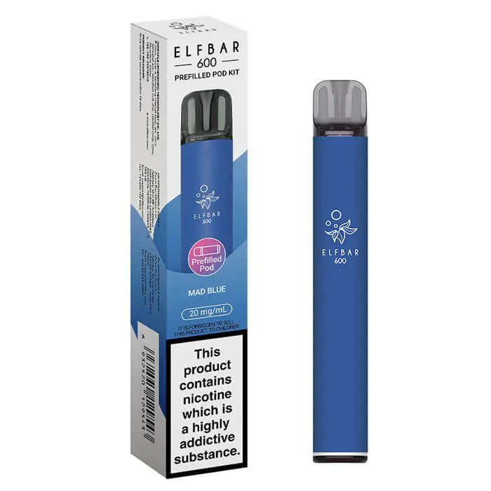 An ElfBar 600 prefilled pod kit with Mad Blue e-liquid
