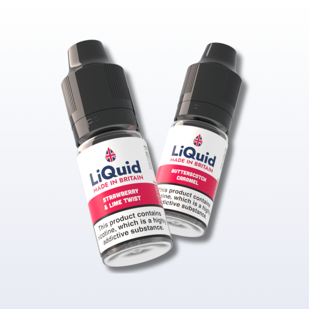 Two bottles of LiQuid e-liquid on a white background