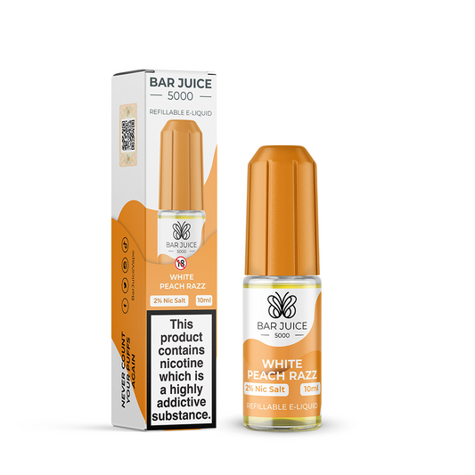Bottle of White Peach Razz Nic Salt E-Liquid by Bar Juice 5000